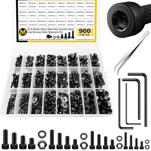 Mywish 900Pcs M3 M4 M5 M6 Metric Screws Assortment, Grade 12.9 Alloy Steel, Nuts and Bolts Hex Socket Head Cap Metric Bolts & Nuts & Flat Washers Kit, Black Zinc Palted, Anti Rust Machine Screws - color: Black, size: 900Pcs M3 M4 M5 M6