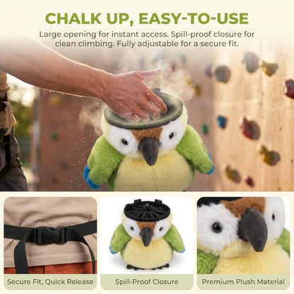 Cute Parrot Plush Chalk Bag, Cartoon Bird Drawstring Magnesia Pouch with Adjustable Belt, Portable Chalk Bucket for Rock Climbing Bouldering Gym Weightlifting Novelty Gift