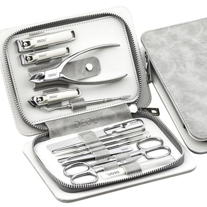 DEOU 13pcs Nail Grooming Kit Stainless Steel Professional Manicure Set Men Nail Care Tools with woman Luxurious Portable Travel Case Gift (Gray) | Manicure Pedicure Kit for Men Women, Nail Care Cuticle Tools, Luxury Finger & Toe Nail Clipper Set, Grey Tra