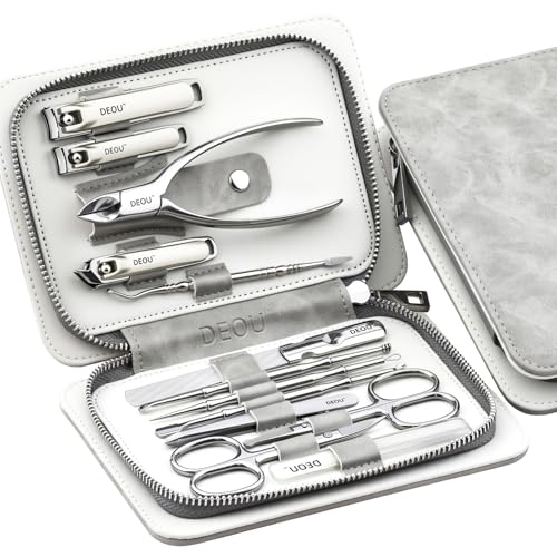 DEOU 13pcs Nail Grooming Kit Stainless Steel Professional Manicure Set Men Nail Care Tools with woman Luxurious Portable Travel Case Gift (Gray) | Manicure Pedicure Kit for Men Women, Nail Care Cuticle Tools, Luxury Finger & Toe Nail Clipper Set, Grey Tra