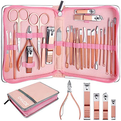 Manicure Set,ewinever 26PCS Professional Pedicure Kit Stainless Steel Nail Clippers Grooming Tools Kit Men and Women Nail Care Tools with Pink Leather Travel Case-Rose Gold