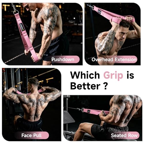 MANUEKLEAR 3 Grip Lengths in 1 Tricep Rope Cable Attachment with Ergonomic Handles, Greater ROM for Tricep Push Down Attachment Professional Gym Rope for Overhead Extension - color: Pink