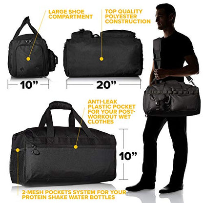 Fitdom 20" 32L Tactical Black Gym Duffle Bag with Shoe Compartment. Best Workout Bag For Men & Women. Black Gym Bag is Great For Basketball, Soccer & Other Sports As Well As Weekender & Overnight Bag