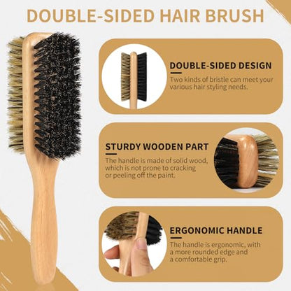 Boar Bristle Hair Brush for Men and Women, Double Side Slick Back Hair Brush with Medium & Firm Bristle, Sturdy Boar Bristle Brush for Waves, Fades, Slick Back Style (Yellow) - color: Yellow