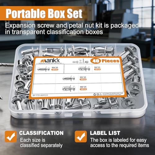 mankk 40PCS Expansion Screw and Petal Nut Kit M4 M5 M6 M8 Jack Car Metal Screw Petal Shape Metal Nut Anchor Screw for Hollow Wall Iron Skin Plasterboard M-175-40PCS