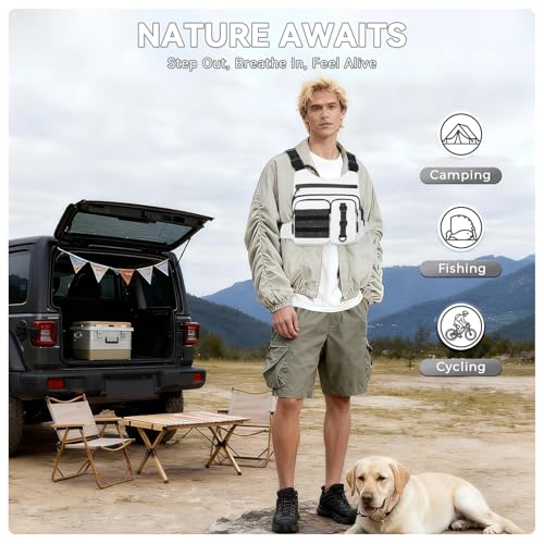Criuage Outdoor Chest Bag for Men, Lightweight Adjustable Running Vest, Water Resistant EDC Chest Pack with Water Bottle Pocket, Breathable Back Pad for Hiking Cycling Fishing Travel (White) - color: White