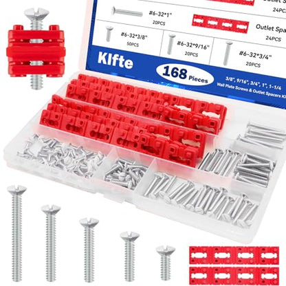168pcs Wall Plate Screws with Outlet Spacers Kits, 3/8", 9/16", 3/4", 1", 1.2" Outlet Screws 6-32 and Receptacle Spacers for Switch Electrical Box - color: White+Red, size: 3/8", 9/16", 3/4", 1", 1.2"