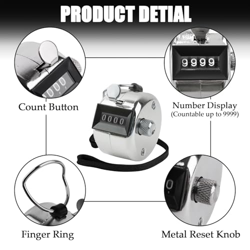 BGJRBY Metal Hand Tally Clicker Counter, 4-Digit Number Display for Coaching, Knitting, Lap, Fishing, Golf and Row Sport with 2-Nylon Lanyard,Silver