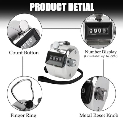 BGJRBY Metal Hand Tally Clicker Counter, 4-Digit Number Display for Coaching, Knitting, Lap, Fishing, Golf and Row Sport with 2-Nylon Lanyard,Silver