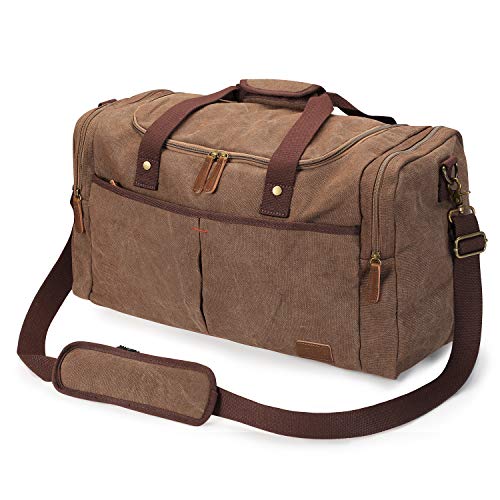 S-ZONE Canvas Travel Duffel Bag Weekend Overnight Bag for Men and Women | Water-resistant, X-Large Size, Multi-Pockets, Removable Shoulder Strap, for Gym or Travel, Coffee - color: Coffee, size: X-Large