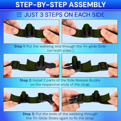 TECEUM 1" Nylon Strap Kit with Buckles, Khaki 6 yards Repair Set | Heavy duty hardware kit: 6yd webbing, 6 quick release buckles, 12 tri-glide slide clips, 6 metal D-rings for crafting. - color: Khaki, size: 1" - 6 yards, style: 6 Buckle - 12 Slides - 6 D