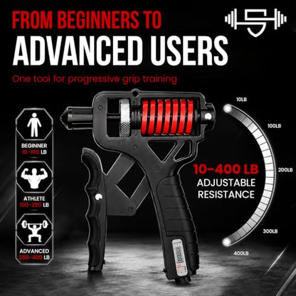 Adjustable 15–400 lb Electronic Grip Strength Trainer – Alloy Frame, Titanium-Plated Steel, TPR Non-Slip Handles - color: Black