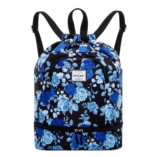 Dry Wet Drawstring Backpack with Shoe Compartment for Women Adjustable Gym Bag - color: Blue Rose