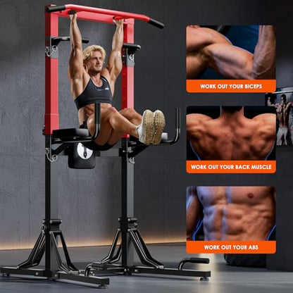 DlandHome Foldable Power Tower Pull Up Bar Station, Strength Training Fitness Equipment, Multi-Function Adjustable Height Pull Up Dip Station for Home Gym Workout, Pull Up Stand, Black & Red