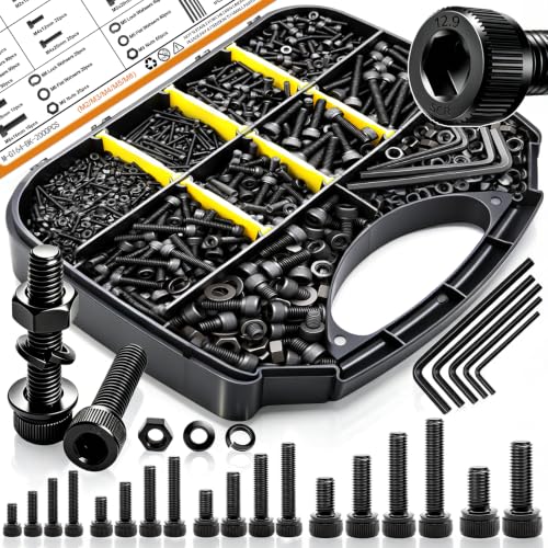 mankk 2000PCS Metric Screw Bolt Assortment Kit M2/M3/M4/M5/M6 Hex Socket Head Cap Bolts Nuts & Washers Set 12.9 Grade Alloy Steel Zinc Plated Metric Machine Screws - size: M2/M3/M4/M5/M6, style: Hex Socket Cap