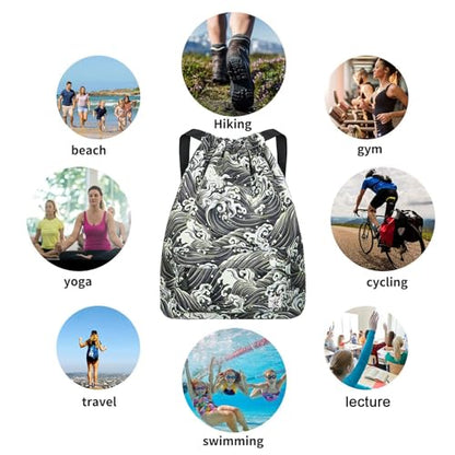 Waterproof Drawstring Bag, Gym Bag Sackpack Sports Beach Backpack for Men Women - color: 03-black Wave