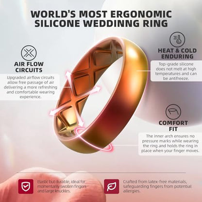 Egnaro Women's Stackable Silicone Rings, 2.5/5.5mm Wide 1.8/2mm Thick Bands | Comfort-Fit Rubber Bands Offer Breathable Flexibility for Nurses, Workouts, Pregnancy, Yoga, Travel, Office, and All-Day Wear - color: SETA8-Bright Bronze, Metallic Silver, Ligh