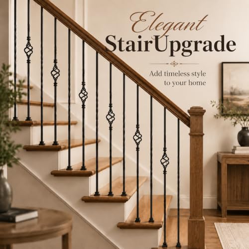 10 Pack 44 Inch Double Twist Iron Balusters with Swivel Shoes | Hollow 1/2 inch wrought iron balusters with double twist baskets and swivel shoes for angled or flat indoor stairs.