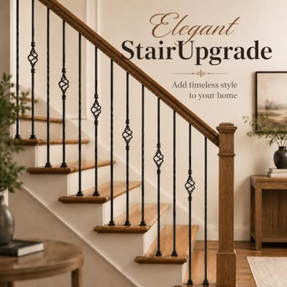 10 Pack 44 Inch Double Twist Iron Balusters with Swivel Shoes | Hollow 1/2 inch wrought iron balusters with double twist baskets and swivel shoes for angled or flat indoor stairs.