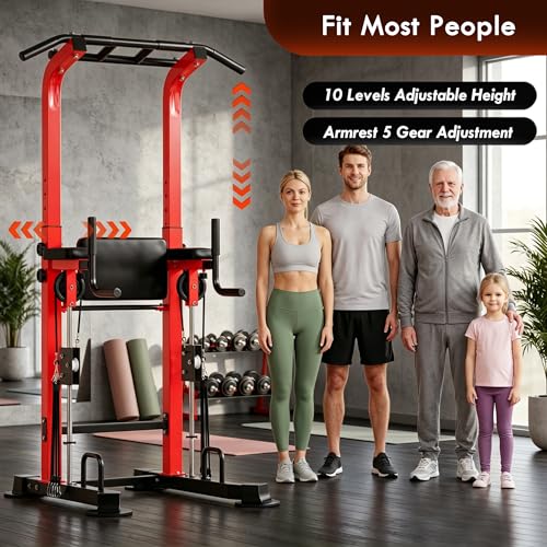SogesPower Power Tower Multi-Function Pull Up Bar Station for Home Gym | 10-Level Height& 5-Level Armrest Adjustable,2-IN-1 Assisted Pad,Pull Up Dip Station Strength Training Workout Equipment - color: Red