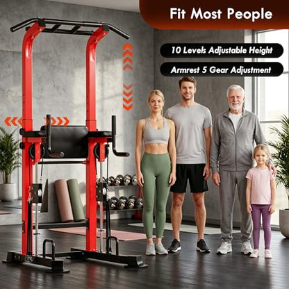 SogesPower Power Tower Multi-Function Pull Up Bar Station for Home Gym | 10-Level Height& 5-Level Armrest Adjustable,2-IN-1 Assisted Pad,Pull Up Dip Station Strength Training Workout Equipment - color: Red