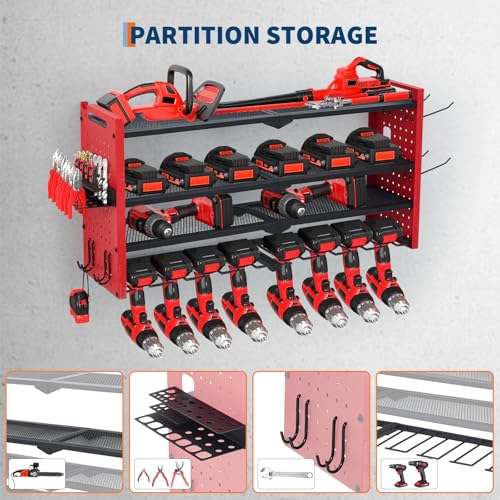 TrailBlaze Heavy Duty Power Tool Organizer Wall Mount – 4-Layer Metal Tool Storage Rack with 8 Drill Slots & Hooks, 400lbs Capacity, Garage Workbench Drill Holder – Hanging Board Style, 4 Layers 8