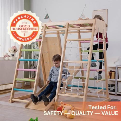 Avenlur Magnolia Indoor Playground 7-in-1 Jungle Gym Playset for Kids 2-6yrs - Slide, Climbing Wall, Rope Wall Climber, Monkey Bars, Swing - Waldorf and Montessori Style Wooden Climb Set. USA Company. | Wooden Montessori play gym, indoor playground ages 2