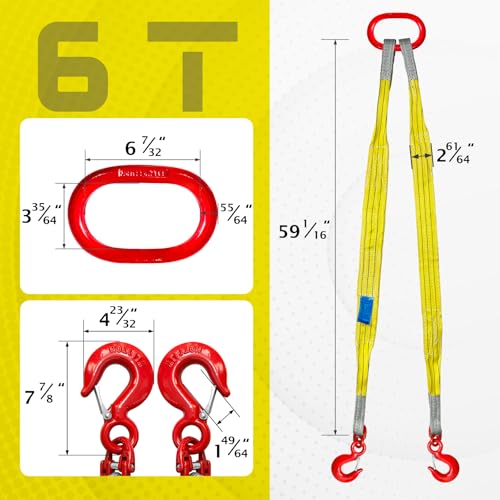 Lifting Slings Straps with Hooks - 5 Feet, 13227 Pounds Capacity | Polyester Bridle Sling fitted with G80 alloy steel eye hooks, heavy duty, Ideal for engine hoists & industrial rigging work - size: 13227 lb / 5 ft