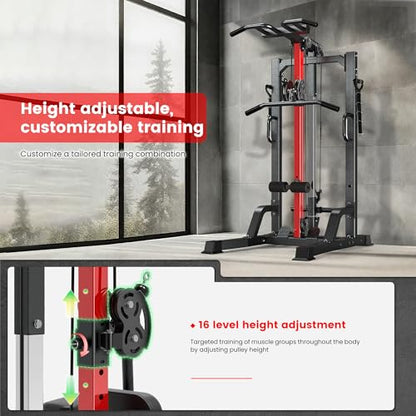 Pull Up Bar Power Tower Dip Station with Cable Machine, 450LB Home Gym | Pull up bar, dip station and 16-position cable system for pull ups, dips, lat pulldowns, rows and full-body training - color: Black-02