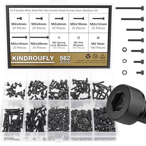 562 Pieces Black M2 x 4/6 /8/10 /12/16 /20mm Hex Socket Head Cap Screws Nuts Washers Assortment Kit, 12.9 Grade Alloy Steel - size: M2, style: Socket Head