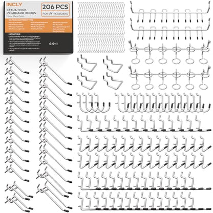 INCLY 206PCS Heavy Duty 1/4" Pegboard Hooks Set for Hanging Tools | Peg Board Hooks & Hangers, Only Fit 1/4 Inch Pegboard, Peg Board Accessories, For Garage Organizing - size: 1/4 Inch
