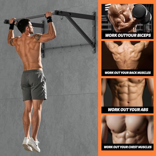Adjustable Depth Pull Up Bar, Wall & Doorway Mounted Chin Up Bar with Hooks, Thickened Steel Construction, 500LBS Heavy Duty Capacity, Home Garage Upper Body Strength Training Equipment - color: Carbon Black