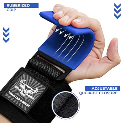 BEAST RAGE Workout Hooks for Men, Durable Coated Grip Gym Straps for Weightlifting Wrist Wraps Training Weight Lifting Strength Fitness Bodybuilding Anti Slip Women Hook Exercise - color: Blue