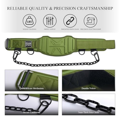 2-in-1 Weightlifting Belt with 36 IN Steel Chain & Self Locking, Dip Belt for Pull Up, Squat, Deadlifts & Added Weight Training - color: Military Green, size: M(28"-32")