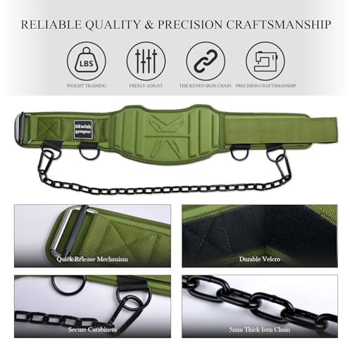 2-in-1 Weightlifting Belt with 36 IN Steel Chain & Self Locking, Dip Belt for Pull Up, Squat, Deadlifts & Added Weight Training - color: Military Green, size: L(33"-36")