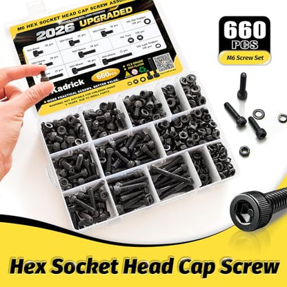 Kadrick M6 Screw Assortment Kit 660PCS,M6x8mm-40mm Bolts with Nuts,Washers & Hex Wrench, Class 12.9 Socket Head Cap M6 Screws, Black Zinc Plated, for DIY, Industrial & Mechanical Use - size: M6 660Pcs New