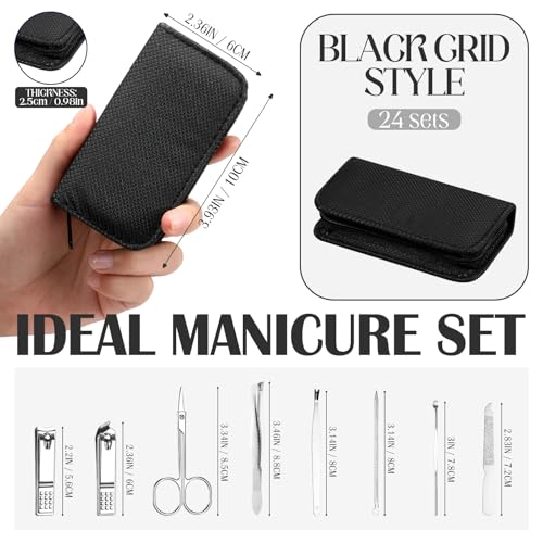 Coume 24 Sets Mini Manicure Set Bulk for Women Men Gifts for Coworkers Nail Grooming Kit 8 in 1 Nail Clippers Kit Luxurious Travel Case Stainless Steel Nails Clipper Set(Black) - color: Black