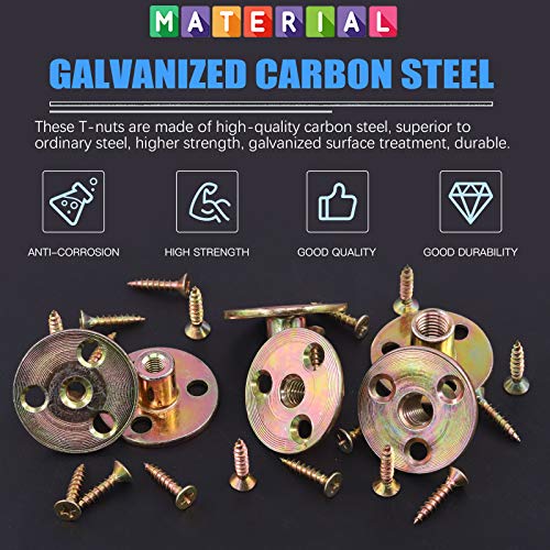 Glarks 64Pcs M10(3/8'') Brad Hole Tee Nut with Mounting Screws Set Zinc Plated Carbon Steel 3-Hole T-Nuts Furniture Hardware Flange Insert Female Thread for Wood Furniture - size: 3/8''(M10) - 64Pcs