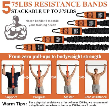 CHERAINTI Pull Up Assistance Bands, 375lbs Heavy Duty Pullup Assist Band Set with 5 Resistance Bands, Adjustable Strap, Comfortable Foot/Knee Rest, Handles & Door Anchor for Home Gym Strength Training