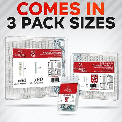 CrimsonMark 120Pcs #8 Self Drilling Drywall Anchors and Screws kit #8 x 1-1/4”- Superb Wall Anchors for Drywall, Holds Upto 75lbs – No Drill Hole Required with These Dry wall Screws and Anchors - size: Nylon