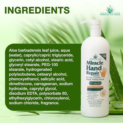 Miracle Hand Repair Cream For Dry Cracked Hands, 32 Oz, 60% Aloe Vera | Non Greasy Fast Absorbing Hand Lotion, Moisturizer For Working Hands, Extremely Dry Rough Skin, Elbows & Knees, Men & Women - size: 32 Ounce (Pack of 1)