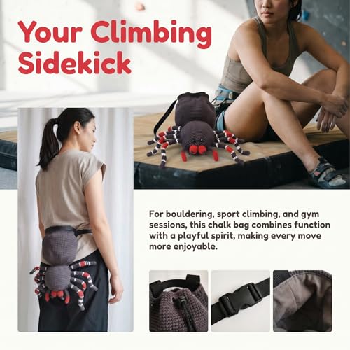 Black Spider Rock Chalk Bag, Funny Outdoor Rock Climbing Powder Bag with Adjustable Waist Belt, Drawstring Closure Bouldering Chalk Pouch for Climbers