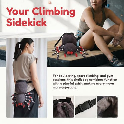 Black Spider Rock Chalk Bag, Funny Outdoor Rock Climbing Powder Bag with Adjustable Waist Belt, Drawstring Closure Bouldering Chalk Pouch for Climbers