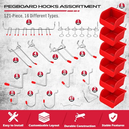 Ultimate 121-Piece Pegboard Hooks Set, Pegboard Accessories with Metal Hooks, Durable Peg Board Organizer Accessories, Pegboard Bins, Peg Board Tool Utility Hooks - style: 121 pcs -- Red