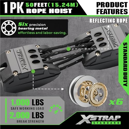 XSTRAP STANDARD 50FT Reflective Rope Hoist 1 Ton 5:1 Block & Tackle w/Loops | 2000Lbs Break Strength, 1 ton wheel block & tackle pulley, includes 2PK 18" soft loops, reflective heavy-duty hoist - color: 50ft Reflective Upgraded