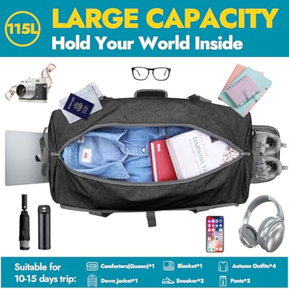 Canway 115L Travel Duffel Bag, Foldable Weekender Bag with Shoes Compartment for Men Women Water-proof & Tear Resistant (Panther Black, 115L) - color: Panther Black, size: 115L