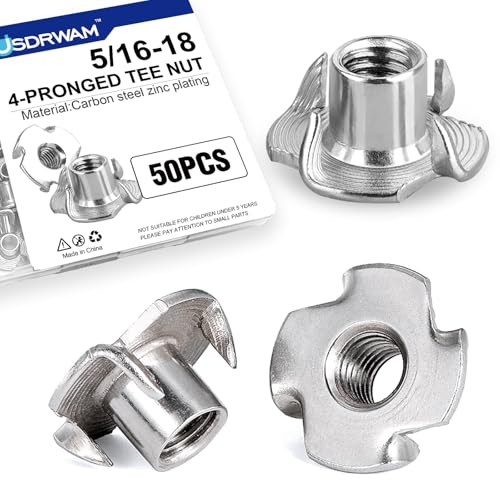 50PCS 5/16"-18 T Nuts for Wood, Zinc-Plated 4-Prong Tee Nuts | Carbon steel construction, Hammer-in installation design - style: 50 PCS 5/16"-18 Size