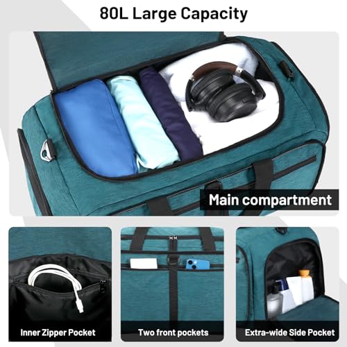 MIER Packable Travel Duffle Bag with Shoe Compartment, 80L, Teal | Foldable Weekender Duffel; Multi-Pockets; Adjustable Shoulder Strap; Luggage Sleeve; Travel, Sports, Camping, Gym - color: Teal, size: 80L