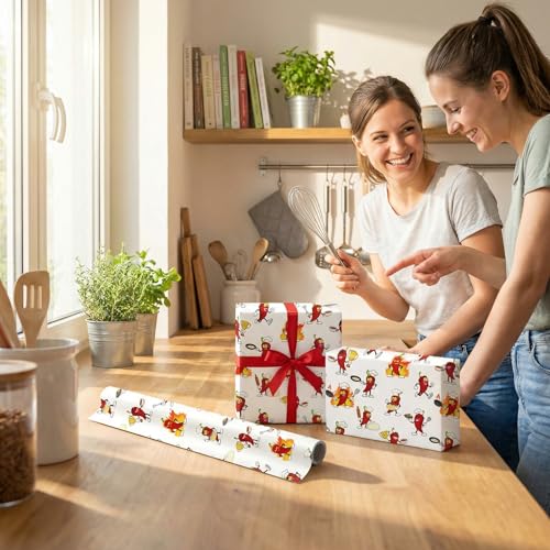 Liobelon Chili Cook Off Wrapping Paper Roll – 17" x 16.5 Ft Funny Chili Pepper Gift Wrap with Cartoon Chili Characters Cooking, Angry & Frying Egg for Taco Party, Western Theme, Birthday, Fiesta Party - color: Chili Cook Off