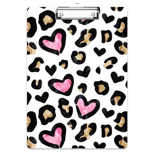 Rimilak Wood Clipboard, 8.5x11 Hardboard Clip Board, Heart Leopard | Fun Design, Cute Custom Pattern, 9 x 12.5 in Letter Size for Classroom, Teachers, Kid, Woman, School & Office Supply - color: Heart Leopard
